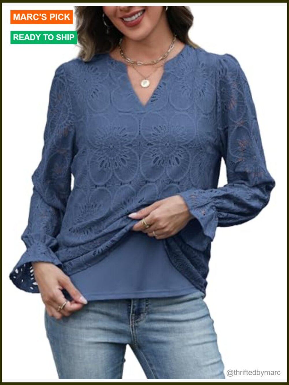 V Neck Eyelet Lace Blouse with Lining Long Sleeve Sheer Embroidery - Picture 4 of 7